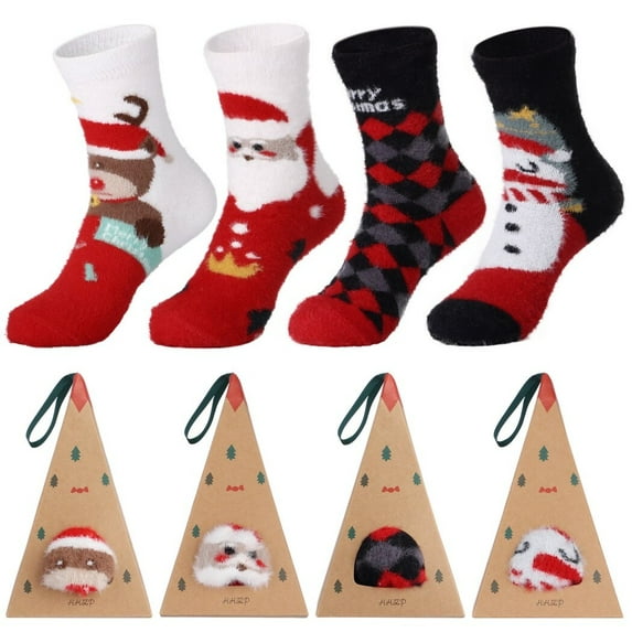 4 Pairs Christmas Socks, Warm Winter Socks, Thicken Fleece Socks, Colorful Xmas Socks, for Christmas Party Gift