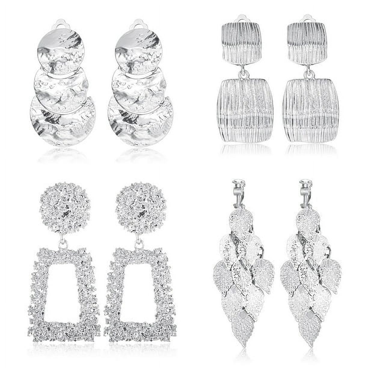 4 Pairs Clip On Drop Earrings Set Square Rectangle Golden Metal Geometric Clipon Earrings Non