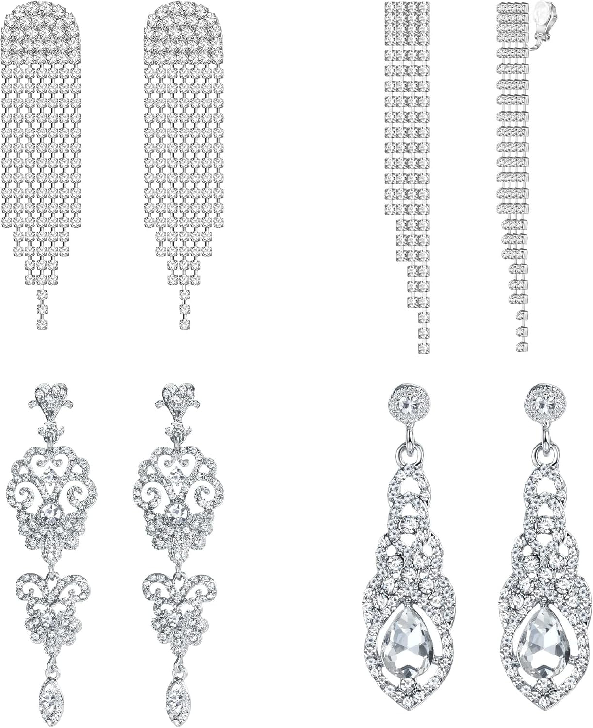 4 Pairs Clip On Earrings For Women Crystal Rhinestone Wedding Bridal