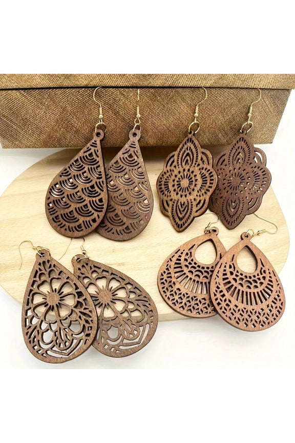4 Pairs Coffee Brown Laser-Cut Wooden Dangle Earrings, Vintage Floral & Geometric Boho Style for Women