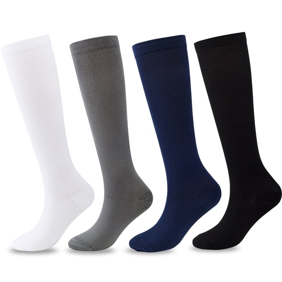 4 Pairs Compression Socks for Women and Men, Knee High Athletic Support Socks for Running, Sports, Travel, Nurses, Graduated Compression Stockings