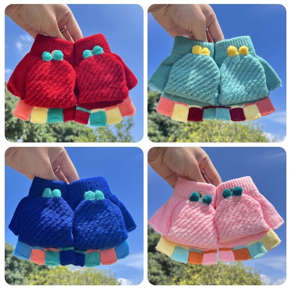 4 Pairs Convertible Fingerless Gloves Knit Glove with Mitten Cover for Kids aged 5-10Year