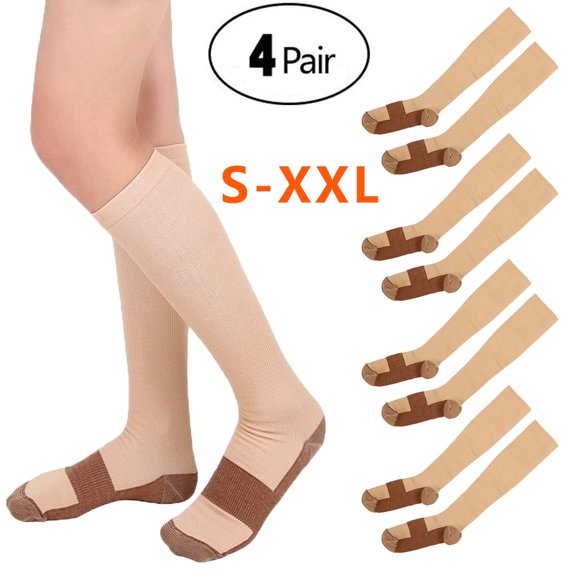 4 Pairs Copper Compression Socks 20-30mmHg Graduated Support Mens Womens，Knee High Comfort Gym Stockings，Leg Pain Relief Varicose Vein Relief Pain Support Socks，XXL