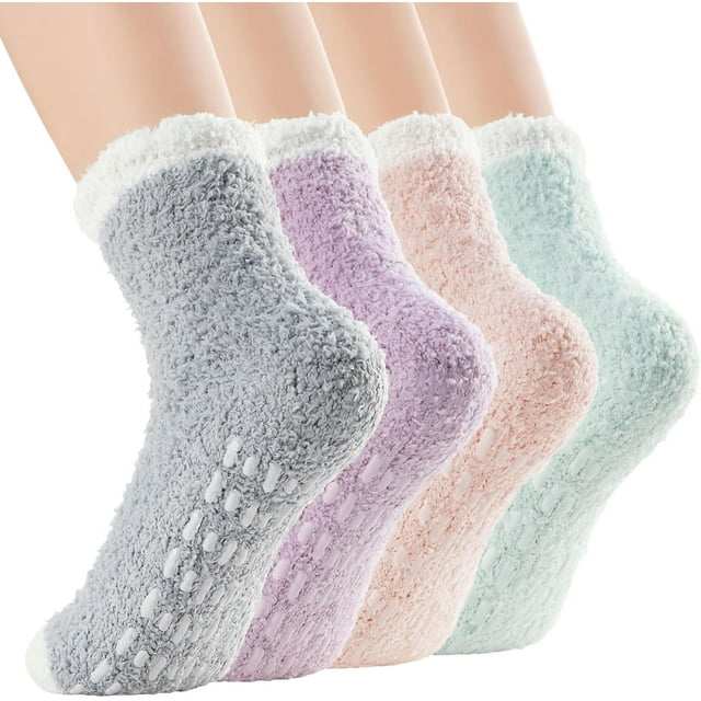 4 Pairs Cozy Fuzzy Socks for Women Non Slip Socks Slipper Socks Fluffy Socks Hospital Socks with Grips for Women Sleep