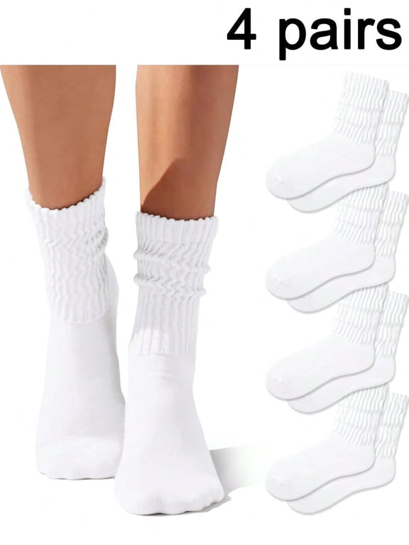 4 Pairs Crew Socks For Women Multipairs Cushioned Athletic Socks Retro Slouch Socks Mid Calf Rib Tube Socks