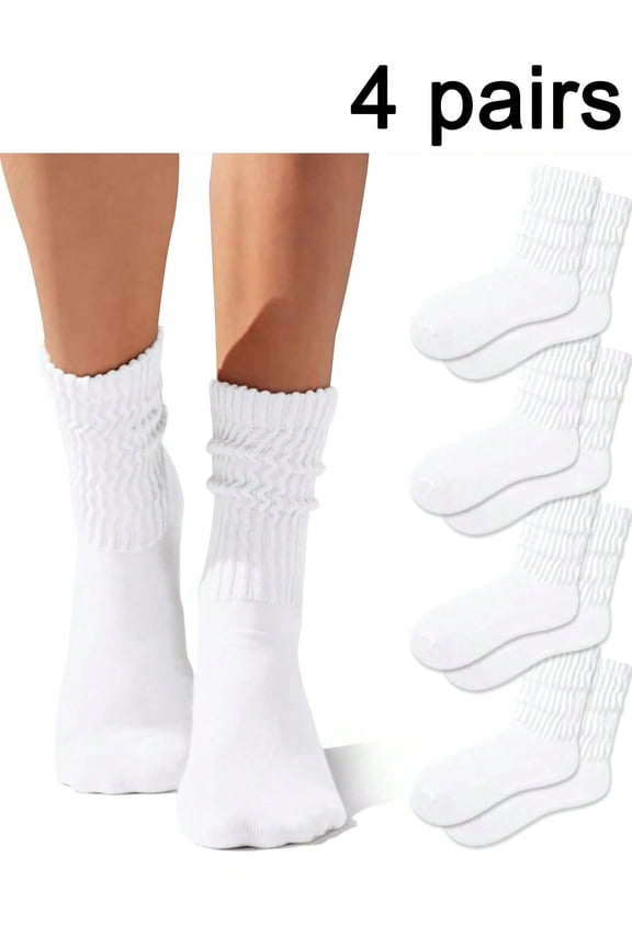 4 Pairs Crew Socks For Women Multipairs Cushioned Athletic Socks Retro Slouch Socks Mid Calf Rib Tube Socks