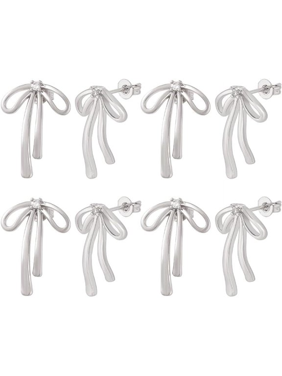 4 Pairs Cubic Zirconia Stud Earrings Brass Earring Findings Silver Ear Studs for DIY Earrings Craft Jewelry Making 0.86x0.6 Inch