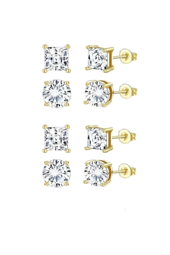 2 Pairs Cubic Zirconia Stud Earrings Set for Sensitive Ears, Round & Princess Cut 5mm 14K Gold or Silver Plated Hypoallergenic Earrings for Women Men, Gift Ready