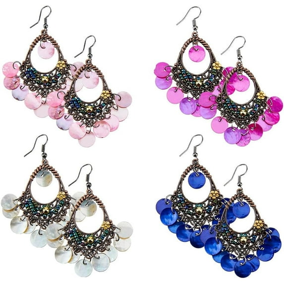 4 Pairs Dangle Hook Chandelier Earrings Colorful Disc Charms Hollow Drop Earrings Bohemian Coin Drop Earrings Ethnic Gypsy Beads Earring Valentine Wedding Gift for Woman s