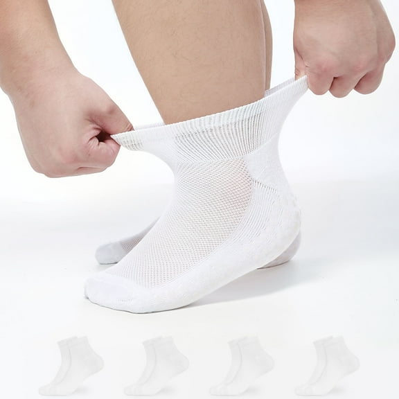4 Pairs Diabetic Socks for Men & Women, Non-Binding Short Socks with Anti-Slip, for Swollen Ankle, Diabetes, Edema, Pregnant Women (White)