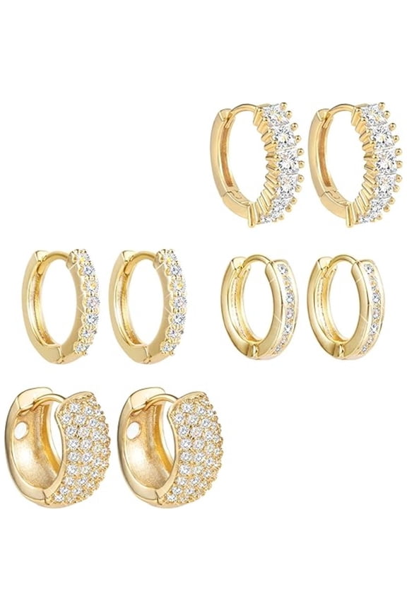 4 Pairs Diamond Pave Hoop Earrings Set, 14K Gold Plated Hypoallergenic, Small Huggie & Hoop Earrings for Women, Daily to Party Jewelry Gift