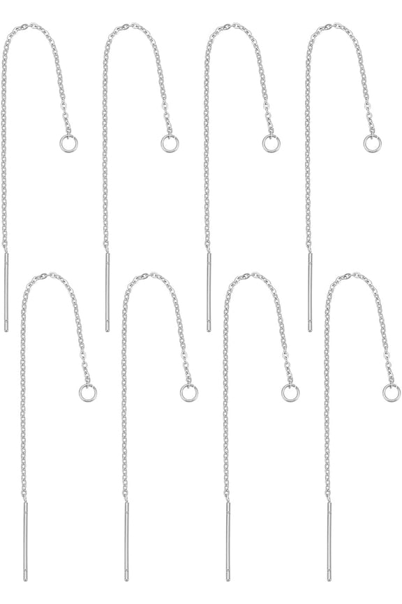 4 Pairs Ear Threads Long Chain Earrings 304 Stainless Steel Earring Findings Drop Earring Threaders with Loop Connector Rings Stainless Steel Color