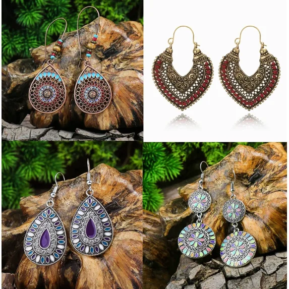 4 Pairs Earrings Retro Ethnic Style, Multi-Colored, Drop Shaped With Rhinestone