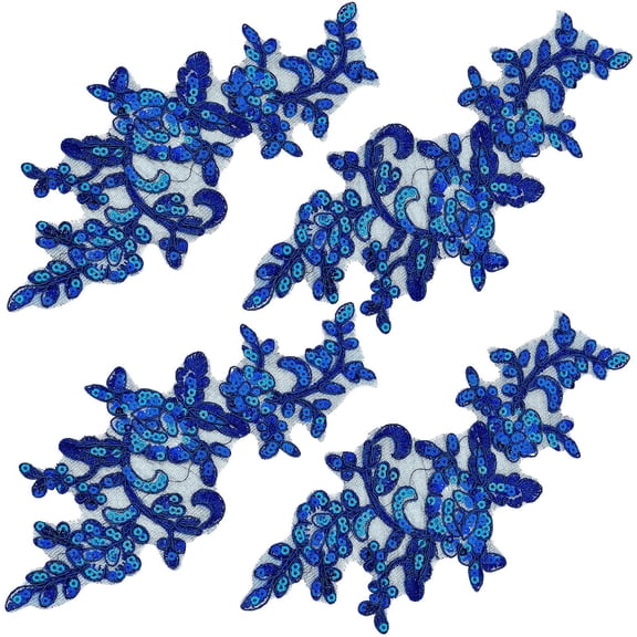 4 Pairs Embroidered Patches Iron Leaf Flowers Lace Applique Nature Patches Suitable for Clothes Dress Pants Sewing Craft Decoration (Dark Blue)