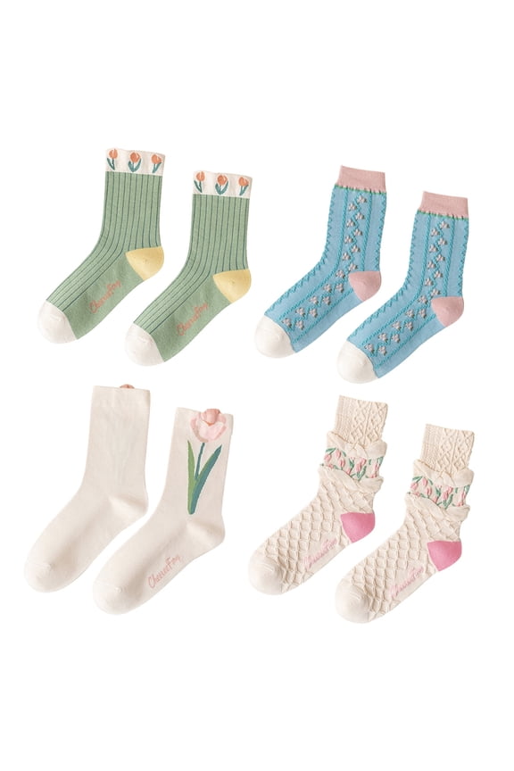 4 Pairs Floral Crew Socks for Women, Vintage Cotton Socks with Cute Flower Pattern and Ruffle Design