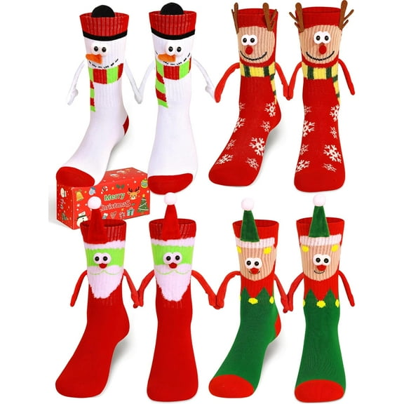 4 Pairs Funny Christmas Socks, Magnetic Hand Holding Socks, Christmas Stocking Stuffers for Women Men Couples, White Elephant Exchange Gifts, Xmas Secret Santa Gag Gifts