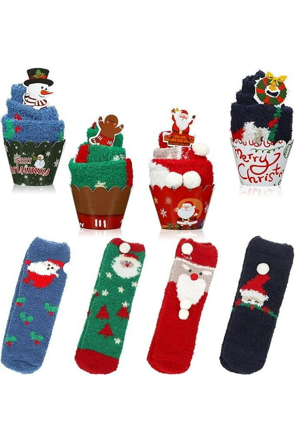 4 Pairs Fuzzy Christmas Socks Gifts, Fluffy Cupcake Socks for Women DIY with 4 Pcs Boxes Winter Cozy Socks