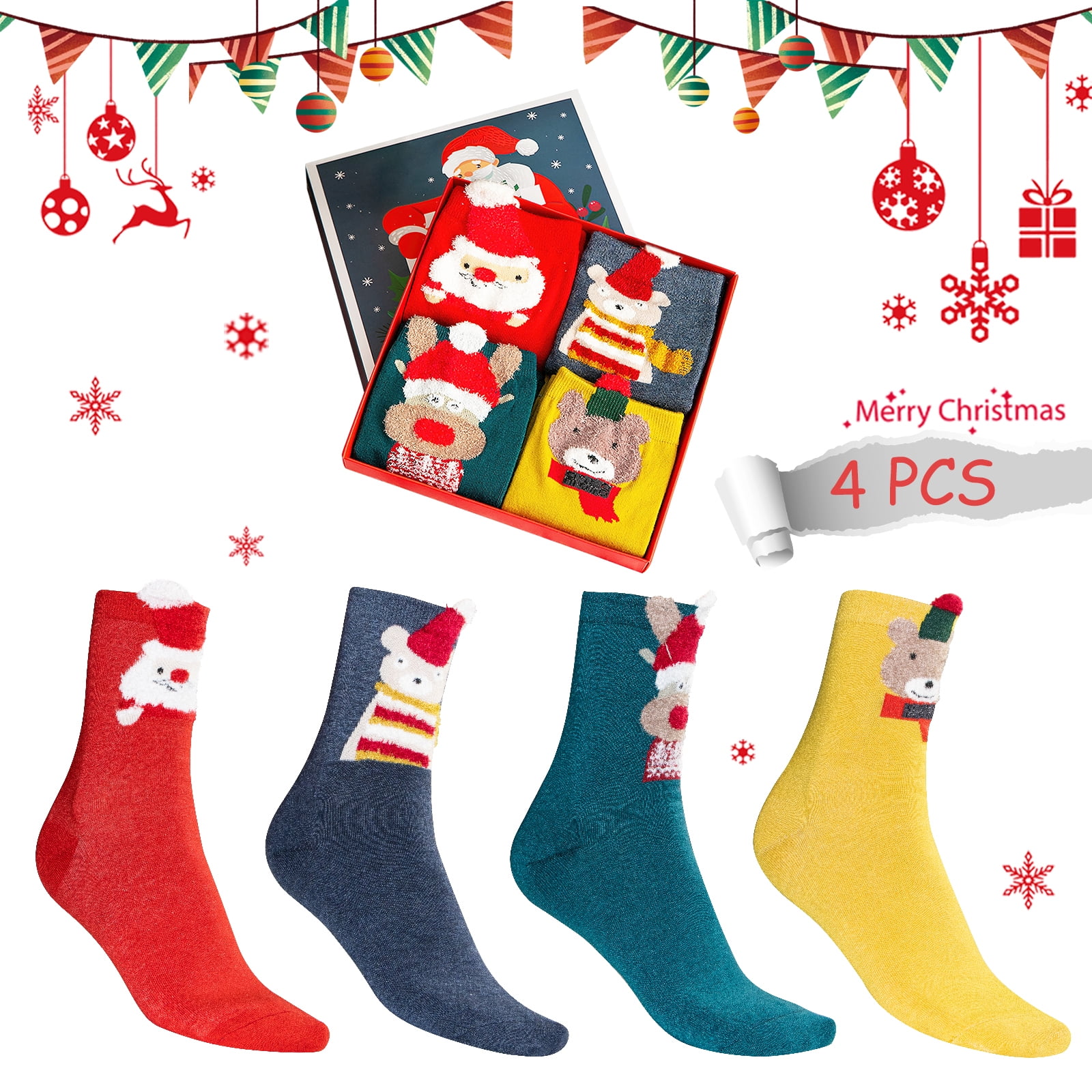 4 Pairs Fuzzy Winter Socks, Women's Christmas Socks, Winter Holiday