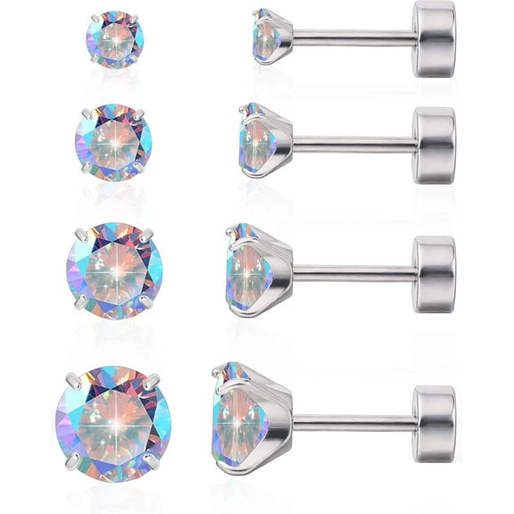 4 Pairs G23 Hypoallergenic Flat Back Titanium Earrings Set for Women Men,20G 3-6mm Screw Back Cubic Zirconia Studs Cartilage Earrings for Sensitive Ears