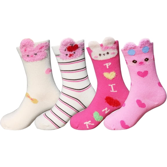 4 Pairs Girls Socks Kids Pink Crew Socks novelty Toddler Cotton Cute Animal Bunny socks Rabbit