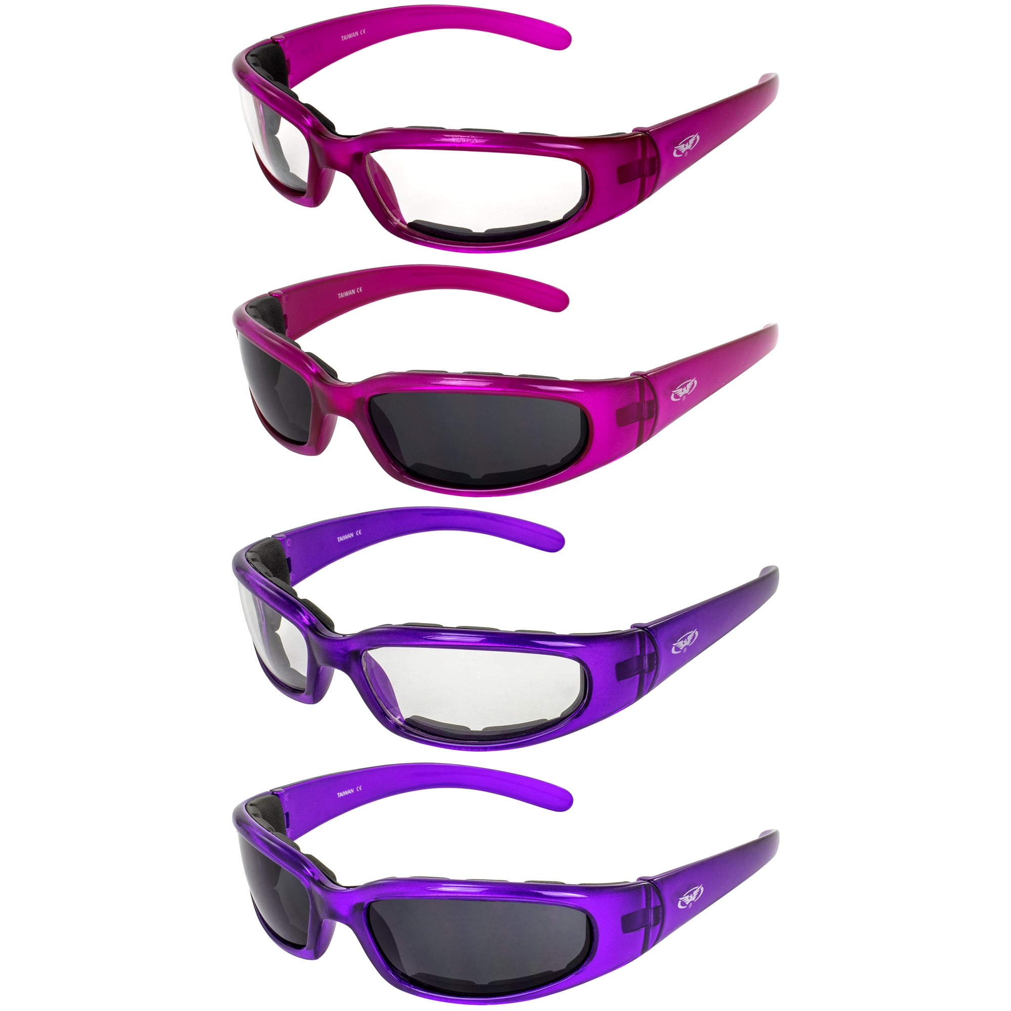 4 Pairs Global Vision Chicago Padded Motorcycle Sunglasses for Women Scratch Resistant Pink Purple Frames w Clear Lenses Pink Purple Frames w Super Dark Lenses Walmart Business Supplies