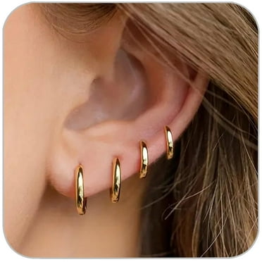 4 Pairs Gold Hoop Earrings Set for Women, 14k Gold Plated Cartilage Hoop Earring Hypoallergenic Non Tarnish Small Hoop Earrings for 2nd 3rd Hole Gold Huggie Hoop Earrings for Women Men Gifts (Gold)