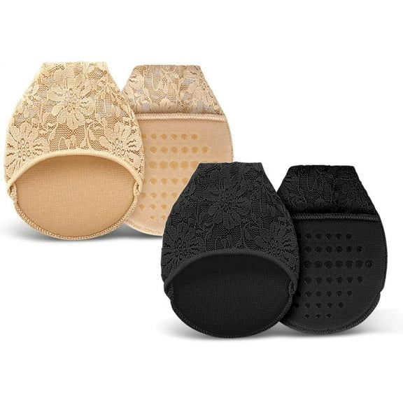 4 Pairs Half Toe Socks No Show Liner Socks Non-Skid Bottom Women Lace Toe Topper Liner Socks with Padding Pads, Black and Nude, One Size
