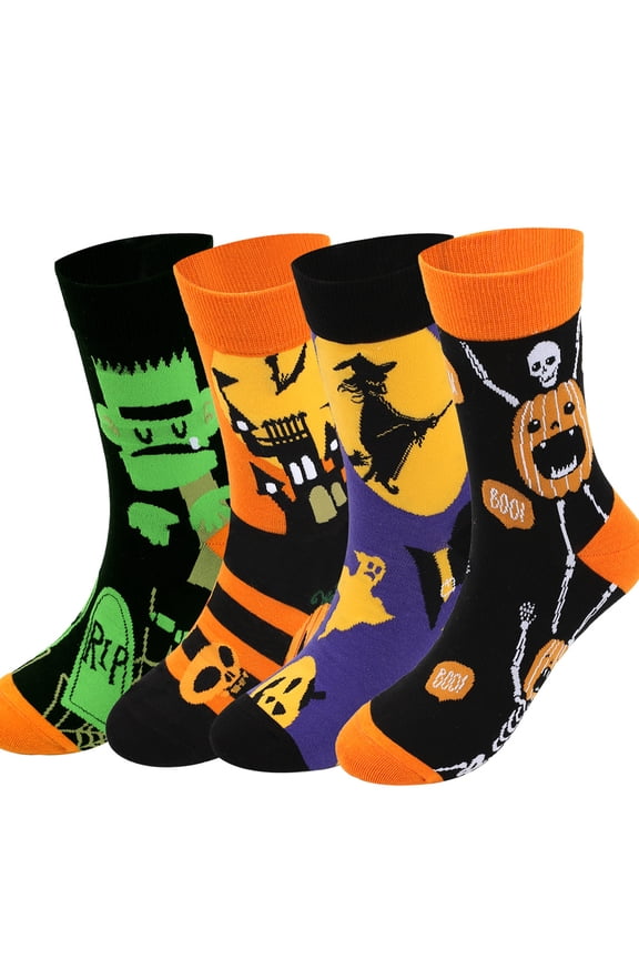 4 Pairs Halloween Socks Novelty Socks Holiday Sock Pumpkin Food Horse Pattern Gift for Men Women Christmas Thanksgiving