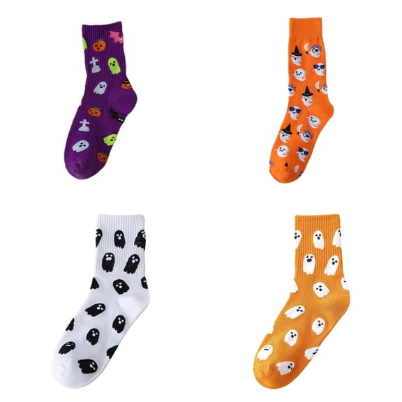 4 Pairs Halloween Socks Women Teen Girls Novelty Pattern Crew Socks Halloween Gifts for Women Casual Comfy Fun Socks for Women One Size