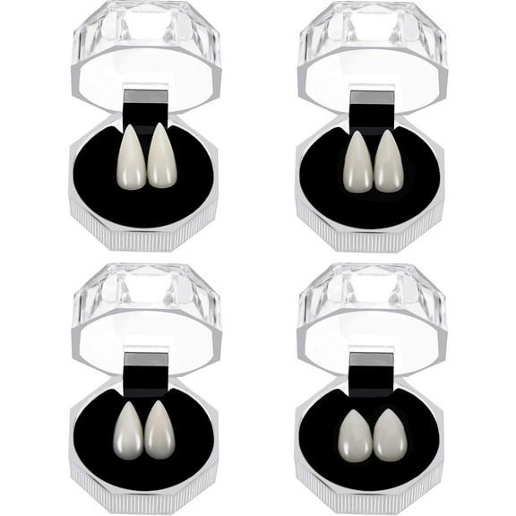 4 Pairs Halloween Vampire Teeth Fangs Dentures Vampire False Teeth with Storage Box for Cosplay Halloween Themed Party Favors Photo Prop Trick Toy, 4 Sizes