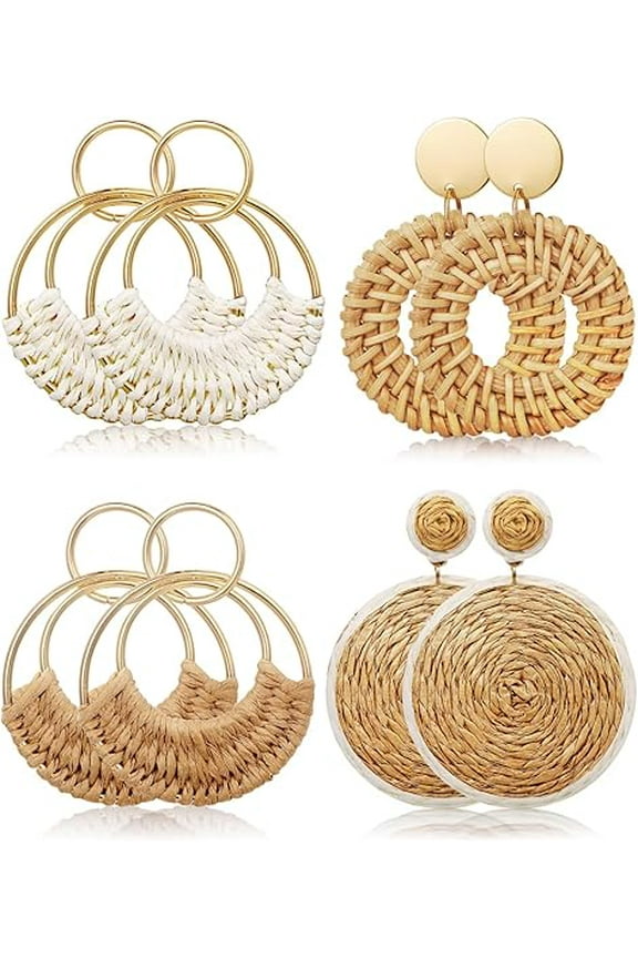 4 Pairs Handmade Raffia Rattan Bohemian Round Drop Dangle Earrings for Women, Boho Statement Cute Fun Hoop Earrings Set