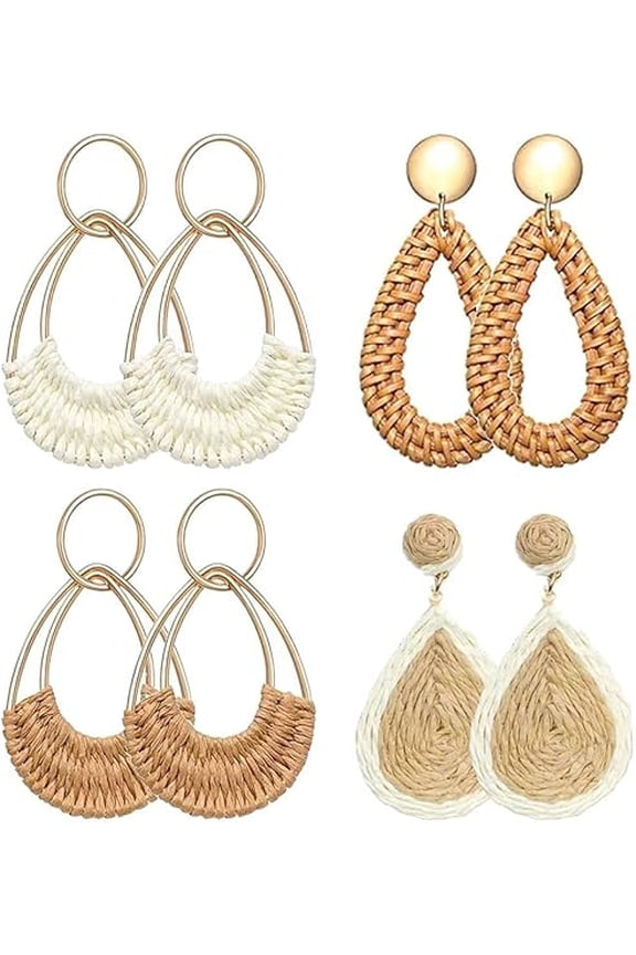 4 Pairs Handmade Raffia Rattan Bohemian Round Drop Dangle Earrings for Women, Boho Statement Cute Fun Hoop Earrings Set
