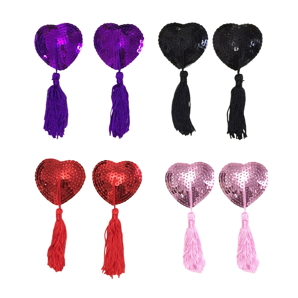 4 Pairs Heart Shaped Nipples Cover Sequins Breast Pasties with Tassel