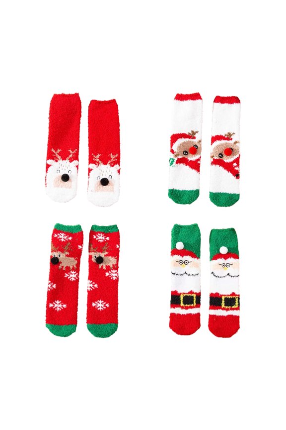 4 Pairs Holiday Themed Coral Fleece Floor Socks for Home Wear Christmas Cartoon Pattern Fuzzy Slipper Socks Hosiery