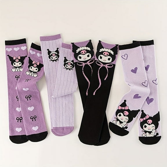 4 Pairs Hot Anime Sanrio Kuromi Pattern Girl's Over The Calf Stocking Crew Socks, Breathable Comfy Casual Cartoon Socks