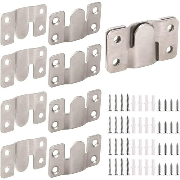 4 Pairs Interlocking Flush Mount Bracket Picture Hanging Hooks Stainless Steel Heavy Duty Photo Frame Hook Picture Hanger Hanging Buckle Furniture Connector Headboard Wall Mounting Hardware Screw Part