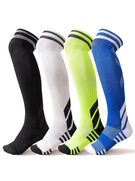 4 Pairs Kid Over-the-Calf Soccer Socks (4-15 Years Old) Compression Athletic Baseball Socks Cushion Softball Socks Knee High Cotton Socks For Boys Girls