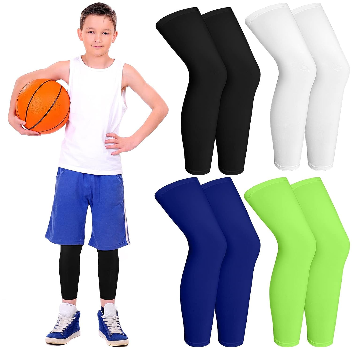 4 Pairs Kids Long Compression Boys Leg Sleeves Non Slip UV Protection
