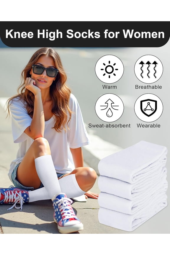 4 Pairs Knee High Socks, Casual Comfort Seam Knee High Stockings for Women, White