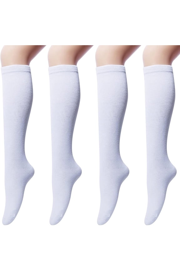 4 Pairs Knee High Socks for Women, Cotton White Long Tube Sock for Boot Outdoor Sport