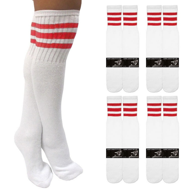 4 Pairs Knee High White Tube Socks Long Athletic Cotton Red Stripes Sports  10-15