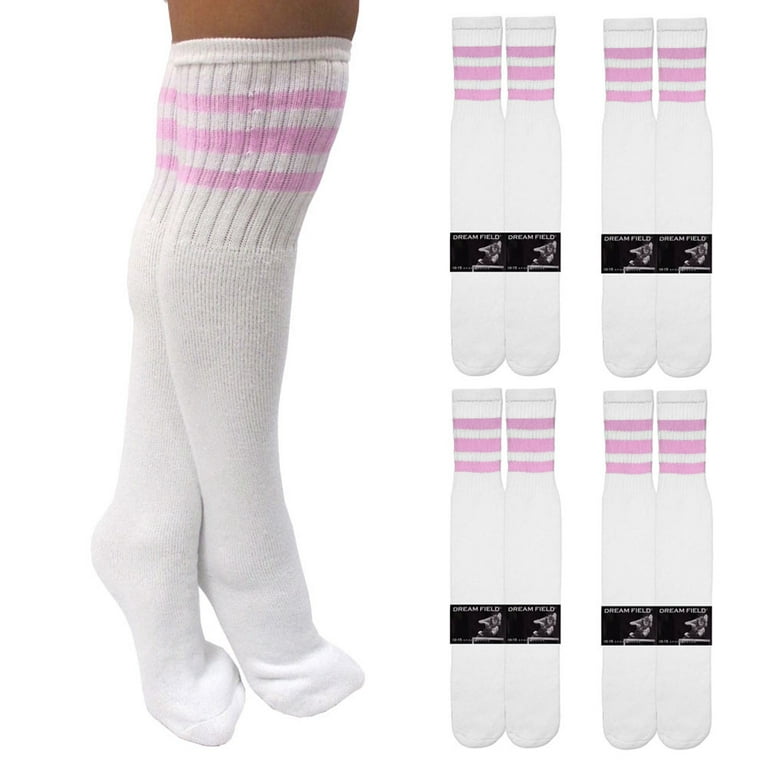 4 Pairs Knee High White Tube Socks Pink Stripe Cotton Long Athletic Sports  10-15 