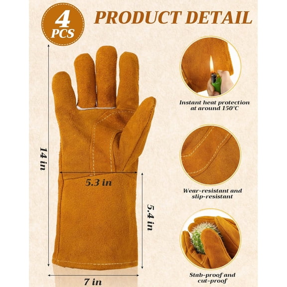 4 Pairs Leather Welding Gloves 14 Inch Gardening Gloves for Men Women Heat/fire Resistant Stitching Mitts for Oven/grill/fireplace/furnace/stove/pot Holder/wood Burner/animal Handling, Tan