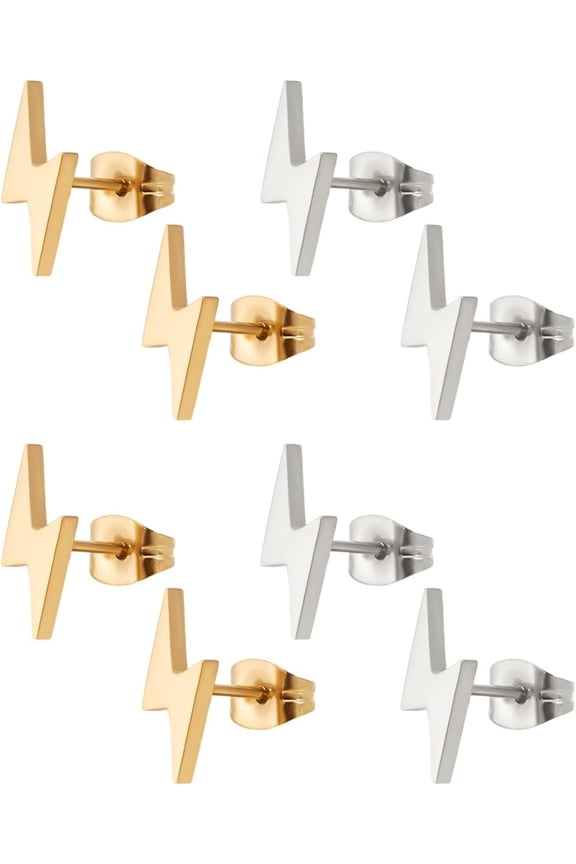 4 Pairs Lightning Bolt Stud Earrings Golden Stainless Steel 12x5mm 8 Count