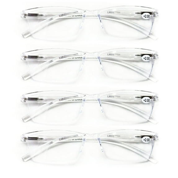 4 Pairs Lightweight Transparent Clear Rectangular Unisex Readers with Spring Hinge - Reading Glasses +1.50