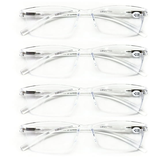 4 Pairs Lightweight Transparent Clear Rectangular Unisex Readers with Spring Hinge - Reading Glasses +2.25