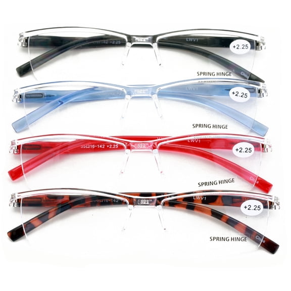 4 Pairs Lightweight Transparent Clear Rectangular Unisex Readers with Spring Hinge - Reading Glasses +3.25
