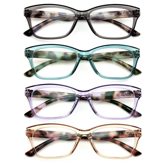 4 Pairs Lightweight Women Translucent Leopard Tortoise Temple Readers - Spring Hinge Reading Glasses 7023 +1.75