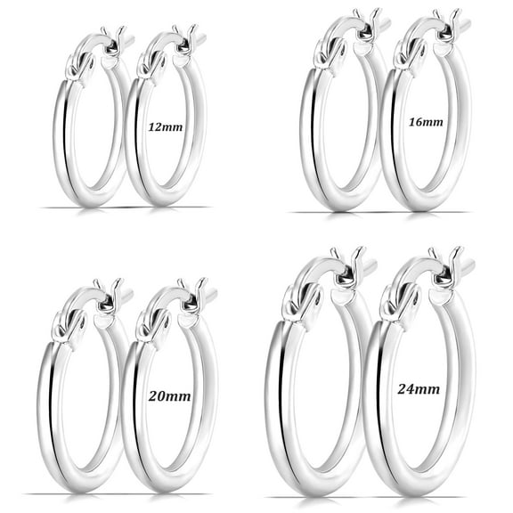 APSVO 4 Pairs 18K White Gold Plated Hoop Earrings for Women S925 Sterling Silver Post Hypoallergenic Earrings Set Birthday Christmas Jewelry Gifts Teen Mom Adults Stocking Stuffers 12/16/20/24MM