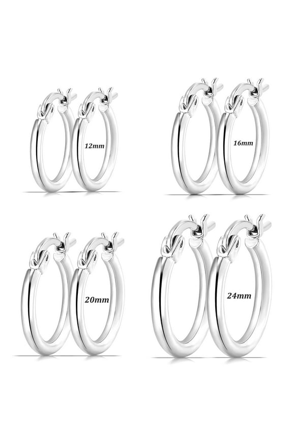 4 Pairs 18K White Gold Plated Hoop Earrings for Women S925 Sterling Silver Post Hypoallergenic Earrings Set Birthday Valentines Day Jewelry Gifts Her Teen Mom Wife Adults Ideas 12/16/20/24MM